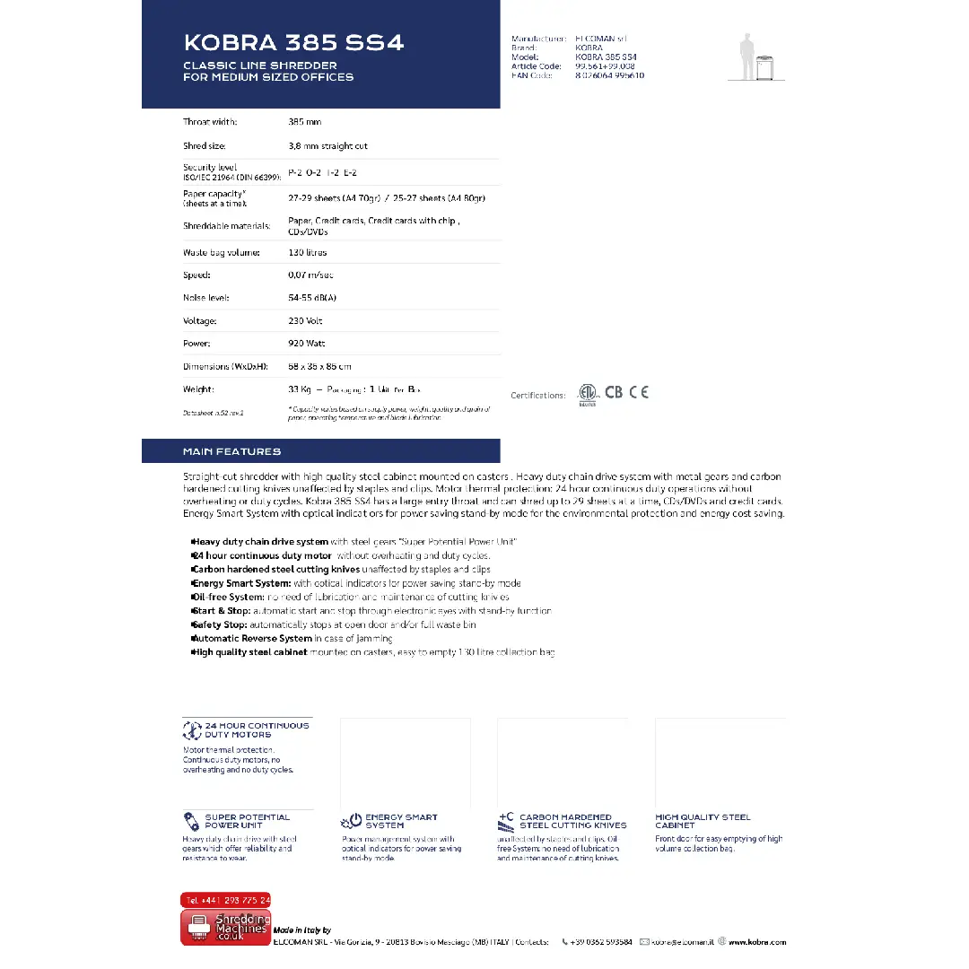 فرامة ورق Kobra Shredder 385 SS4 Dept 3.8mm Strip Cut - الصورة 2