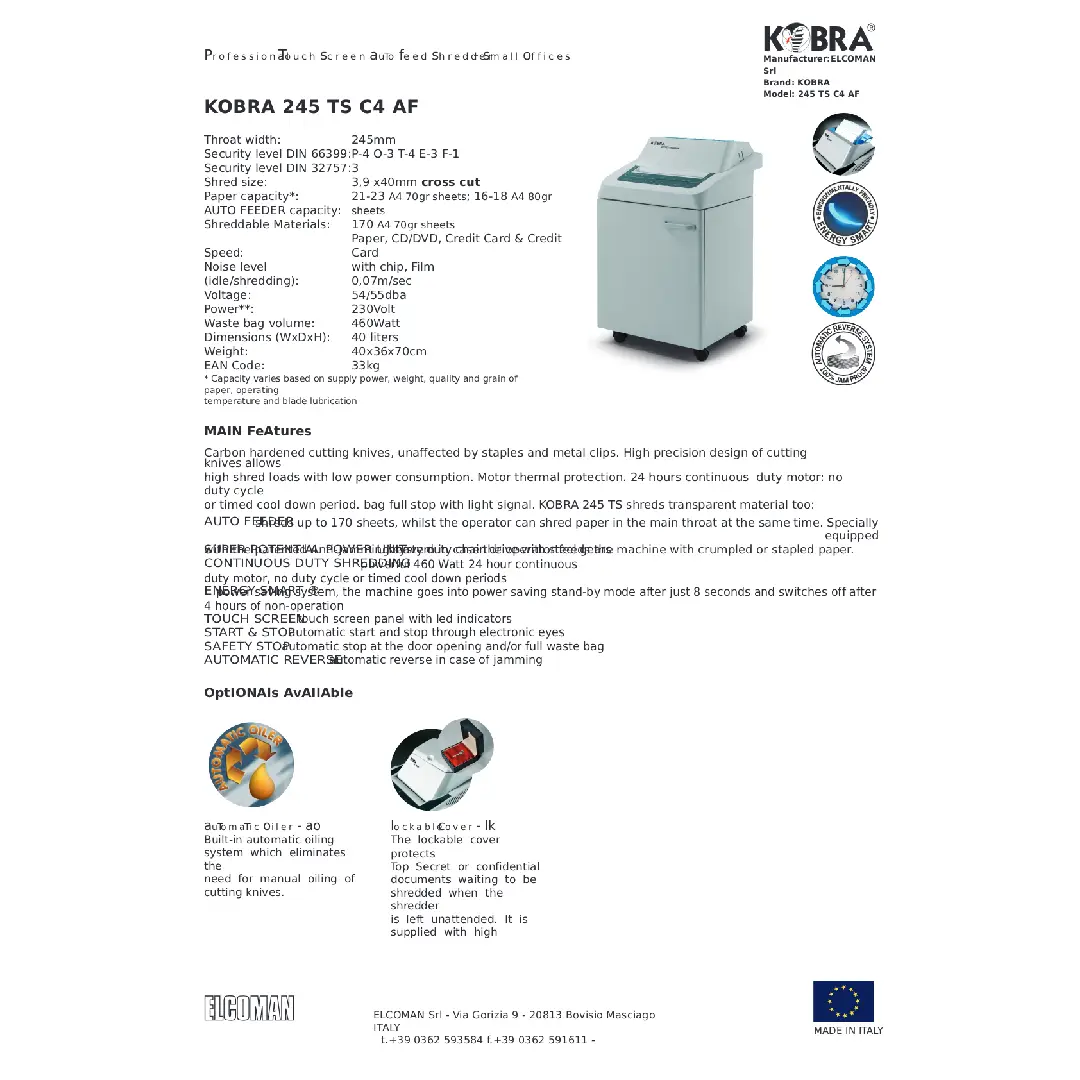 فرامة ورق KOBRA 245 TS C4 AF 3.9x40mm Cross Cut Shredder - الصورة 2