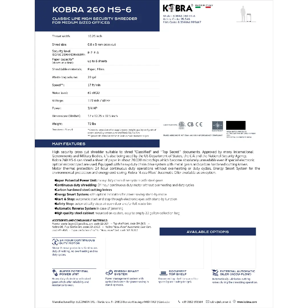 فرامة ورق KOBRA 260 HS6 0.8x5mm Crypto Cut Shredder - الصورة 2