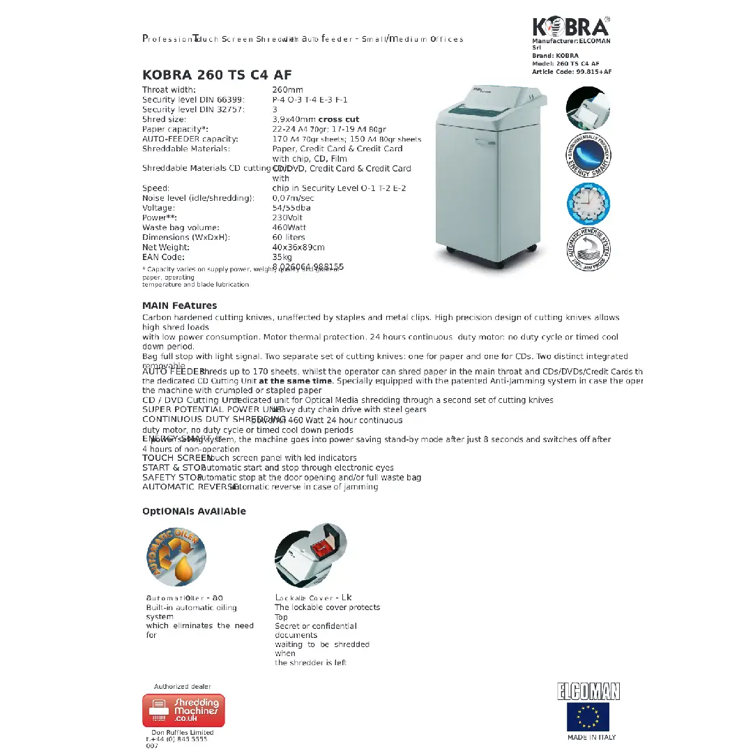 فرامة ورق KOBRA 260 TS C4 AF 3.9x40mm Cross Cut Shredder - الصورة 2
