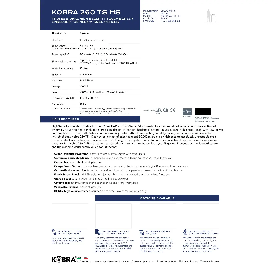 فرامة ورق KOBRA 260 TS HS 0.8×9.5mm Crypto Cut Shredder - الصورة 2