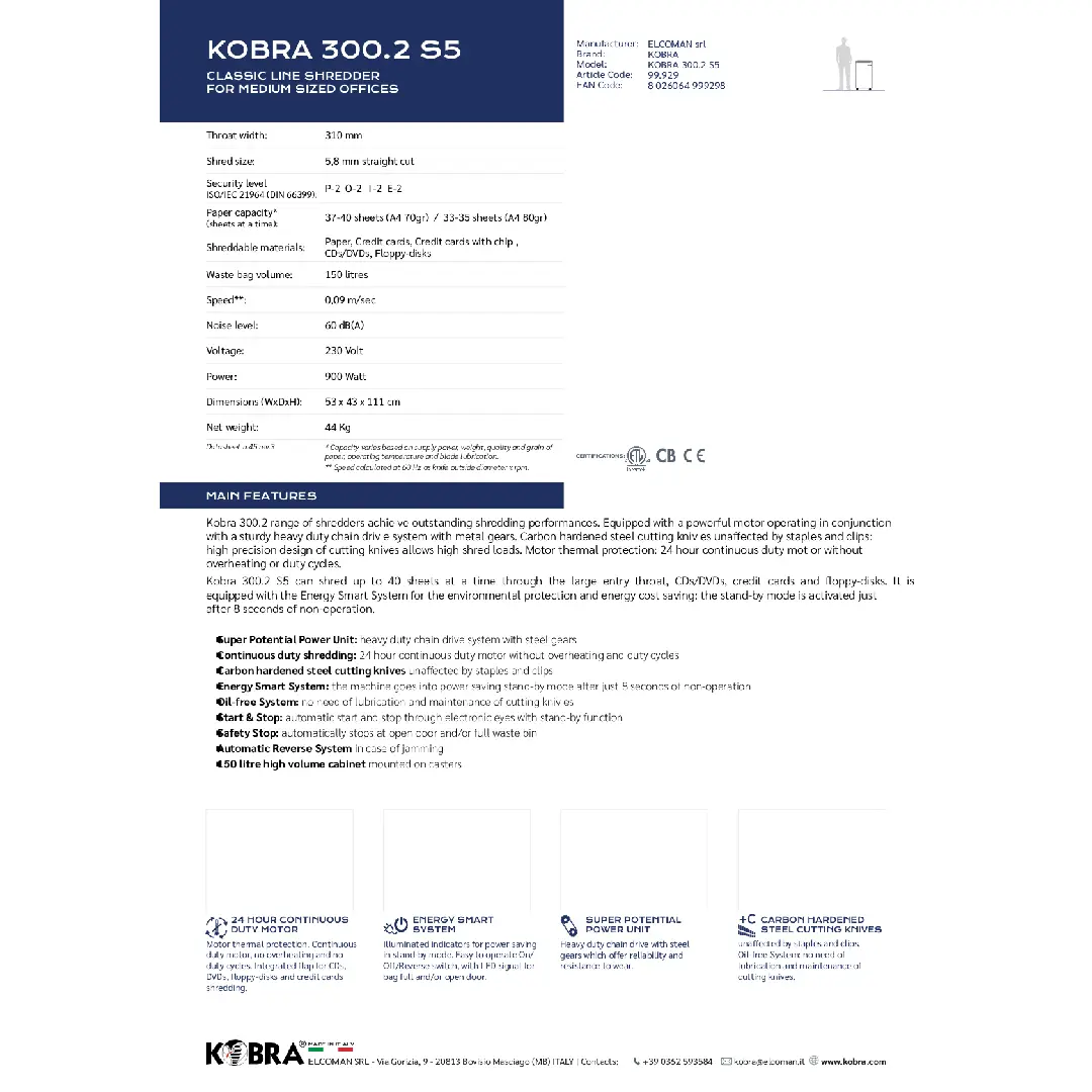 فرامة ورق KOBRA 300.2 S5 5.8mm Strip Cut Shredder - الصورة 2