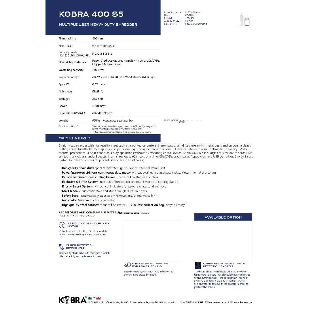 فرامة ورق KOBRA 400 S5 5.8mm Strip Cut Shredder - الصورة 2