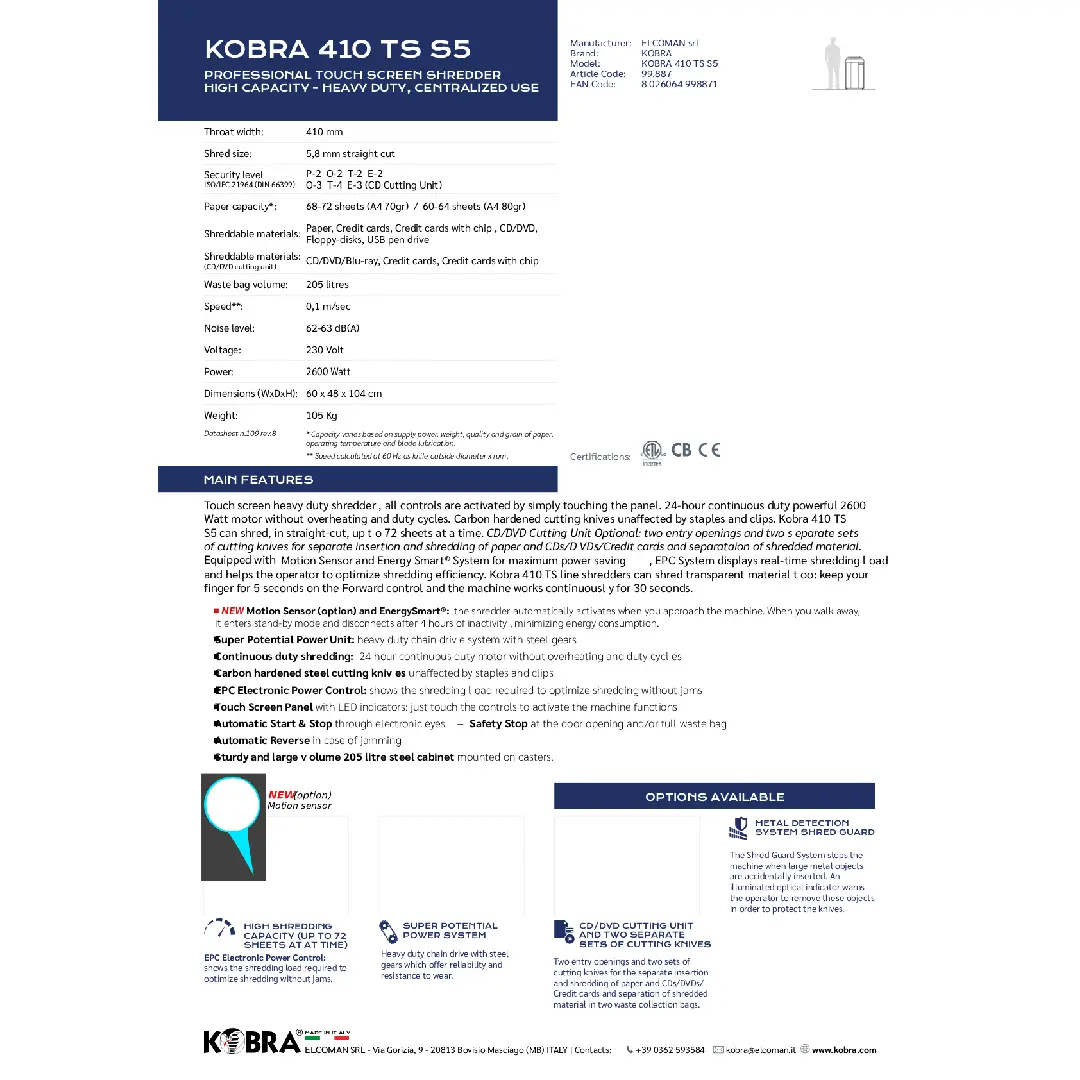 فرامة ورق KOBRA 410 TS S5 5.8mm Strip Cut Shredder - الصورة 2