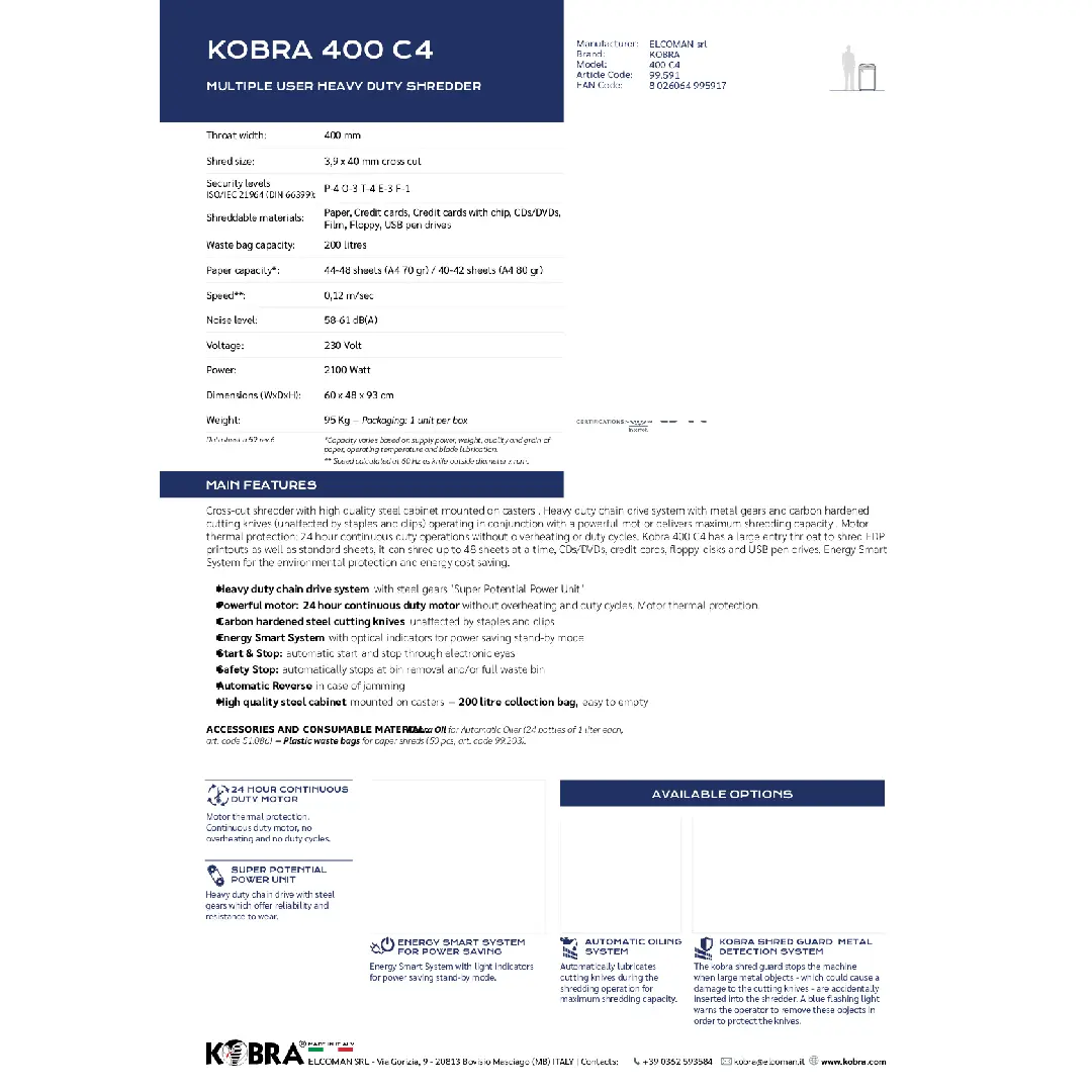 فرامة ورق KOBRA 400 C4 3.9x40mm Cross Cut Shredder - الصورة 2